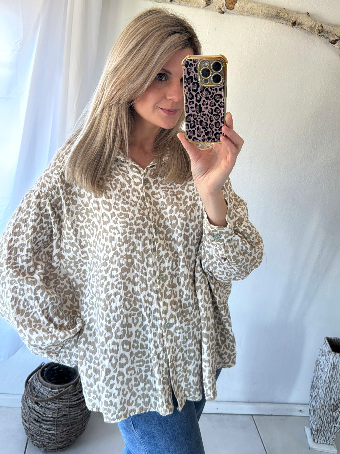 Musselin Bluse Oversize Soft Leo