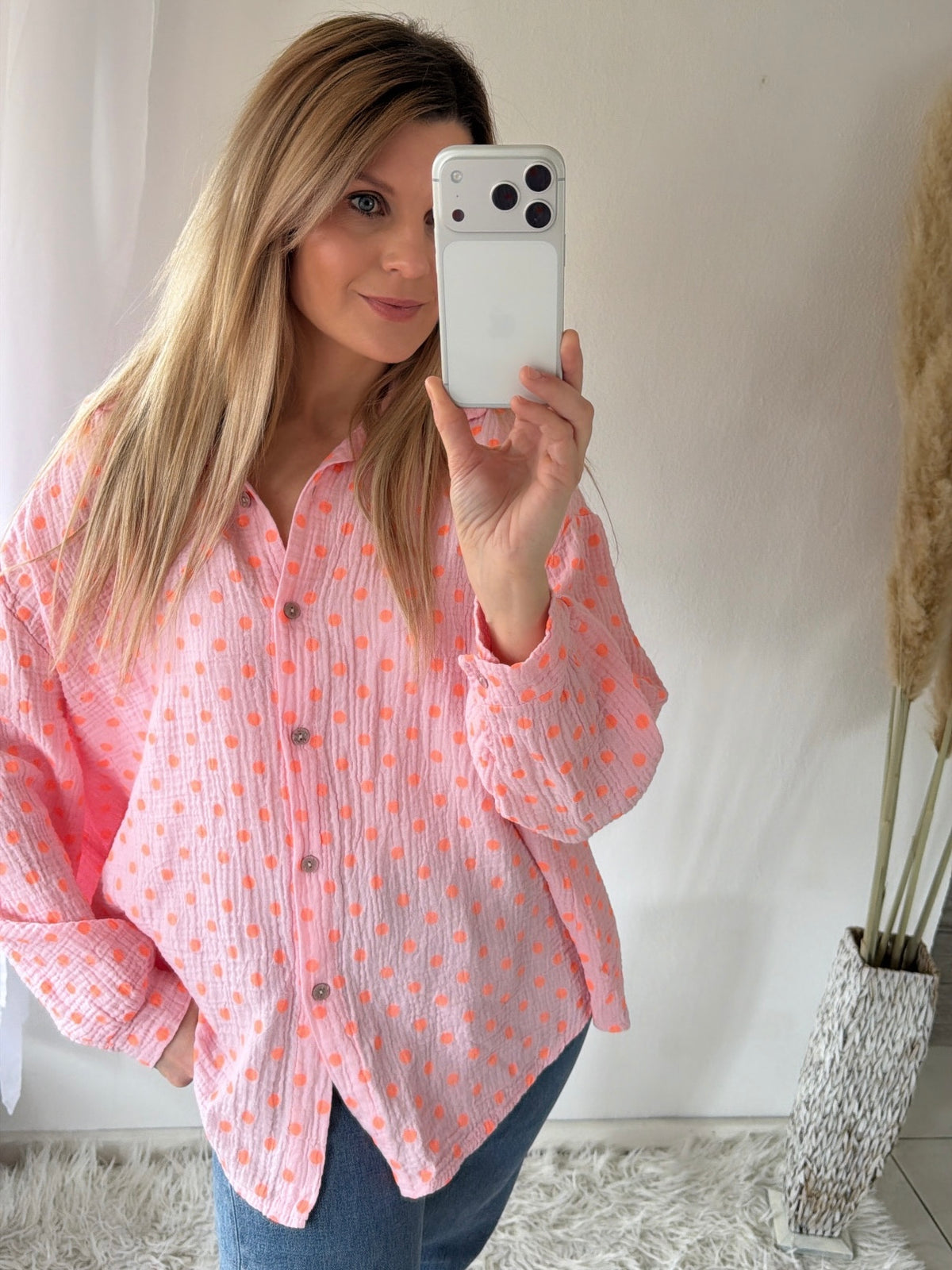 Musselin Bluse Oversize Polka Dots