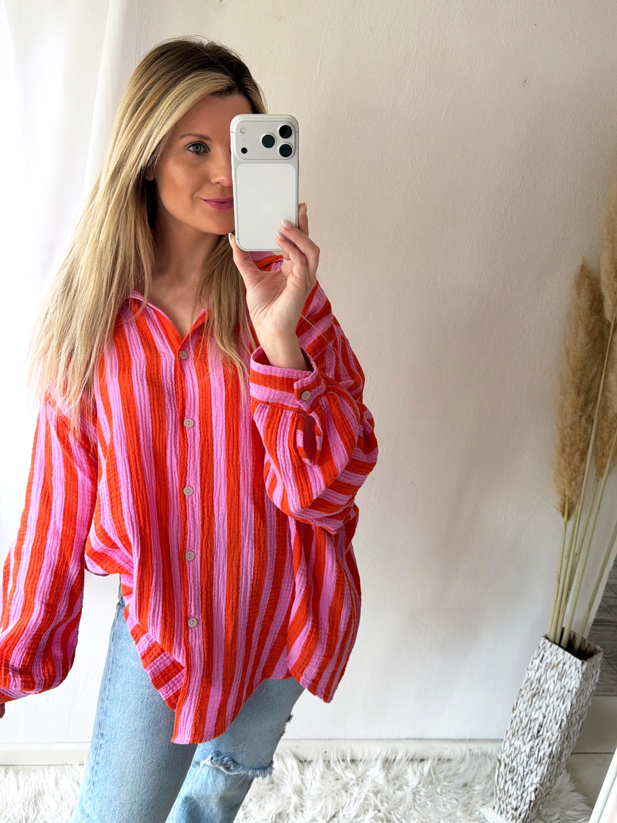 Musselin Bluse Oversize Block Stripes