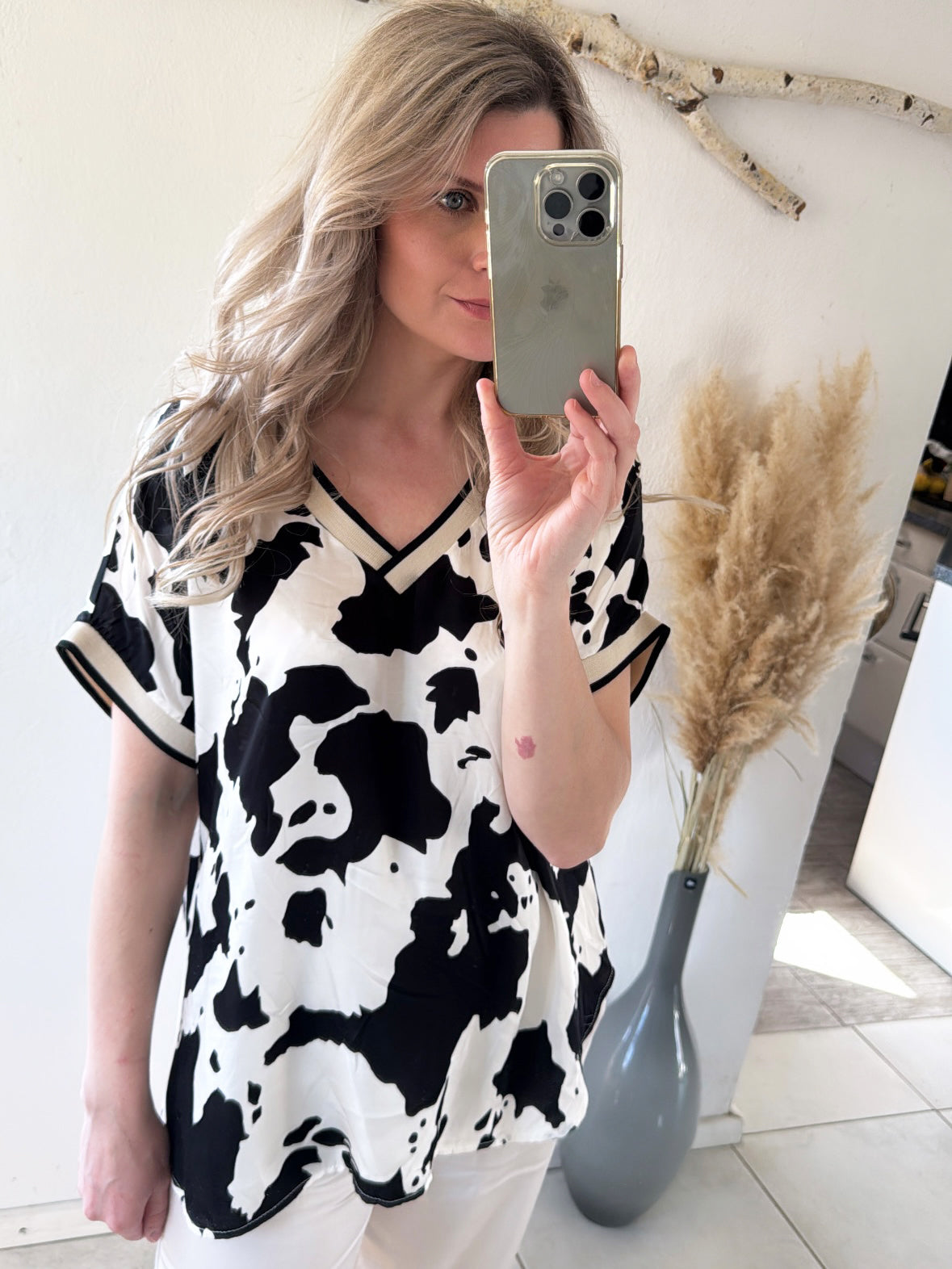 Satin Shirt Kuhflecken Print Gr.36-42