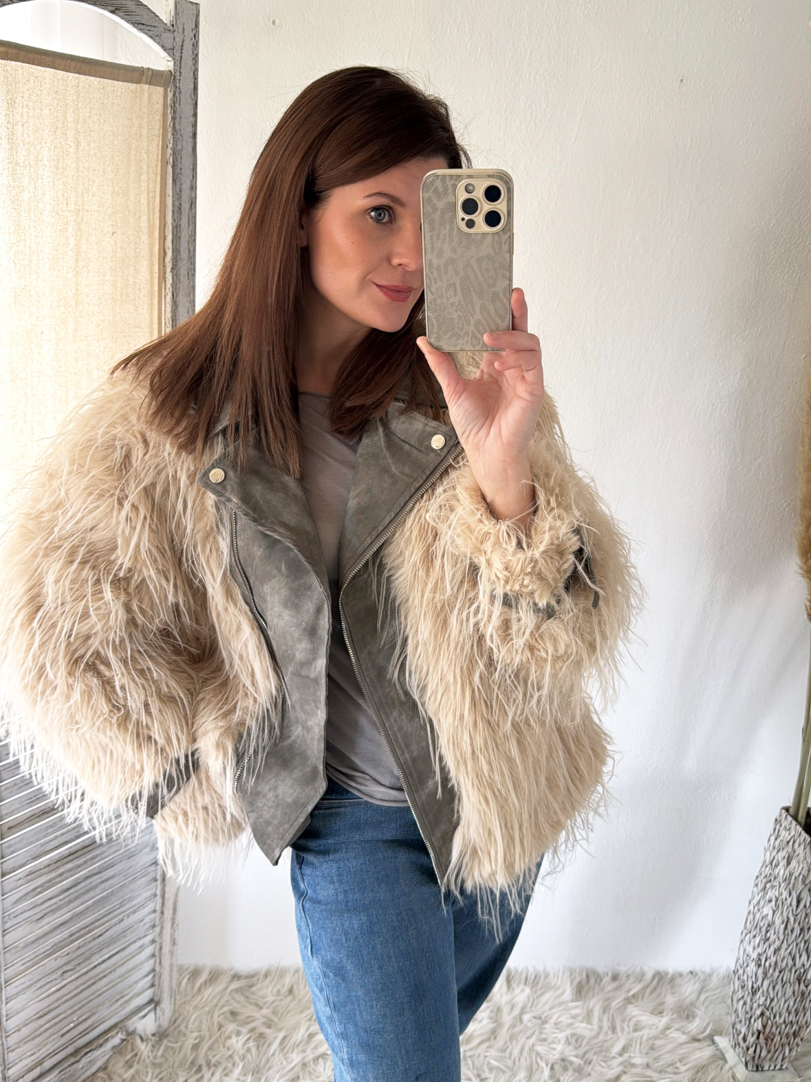 Kunstfell Jacke mit Leder-Optik