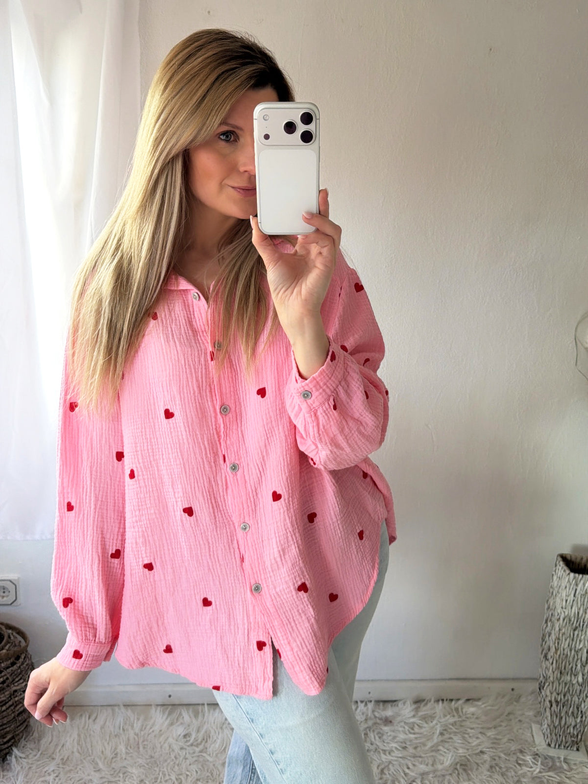 Musselin Bluse Oversize Herzchen