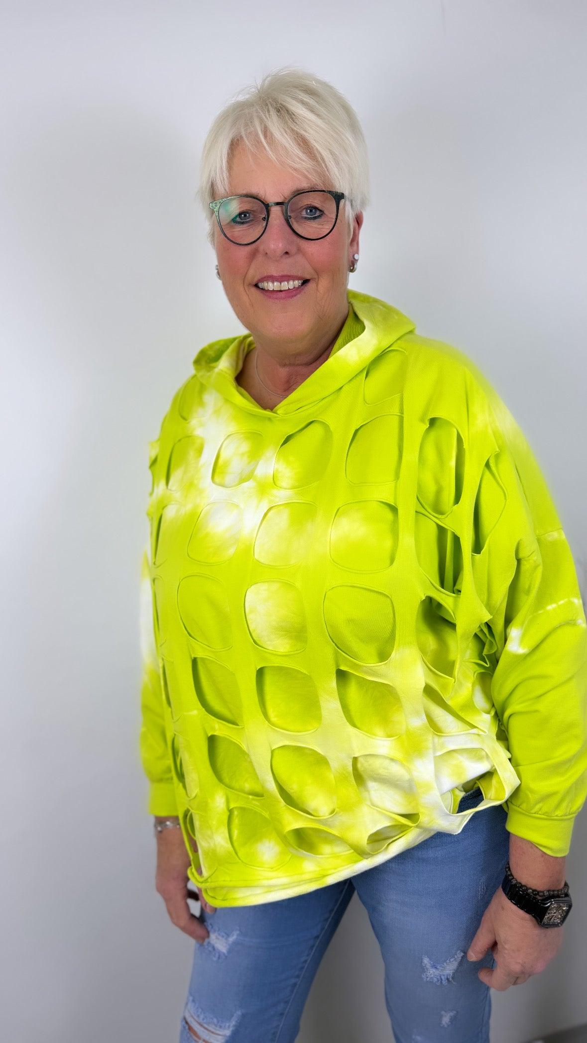 Sweatshirt Batik limettengrün und flieder Cut-Outs Oversize Gr.46-54 - Uhlala Fashionstore