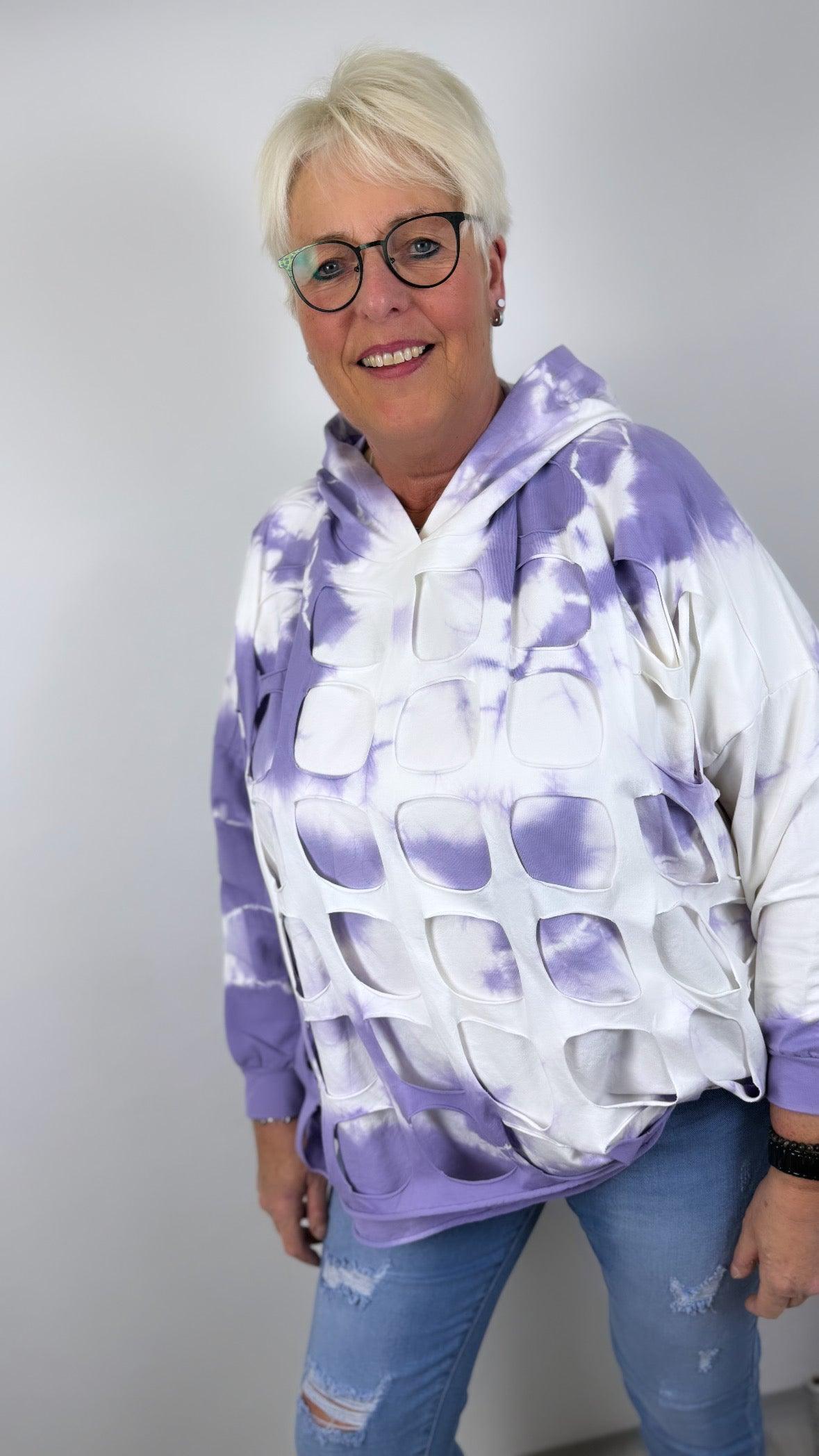 Sweatshirt Batik limettengrün und flieder Cut-Outs Oversize Gr.46-54 - Uhlala Fashionstore